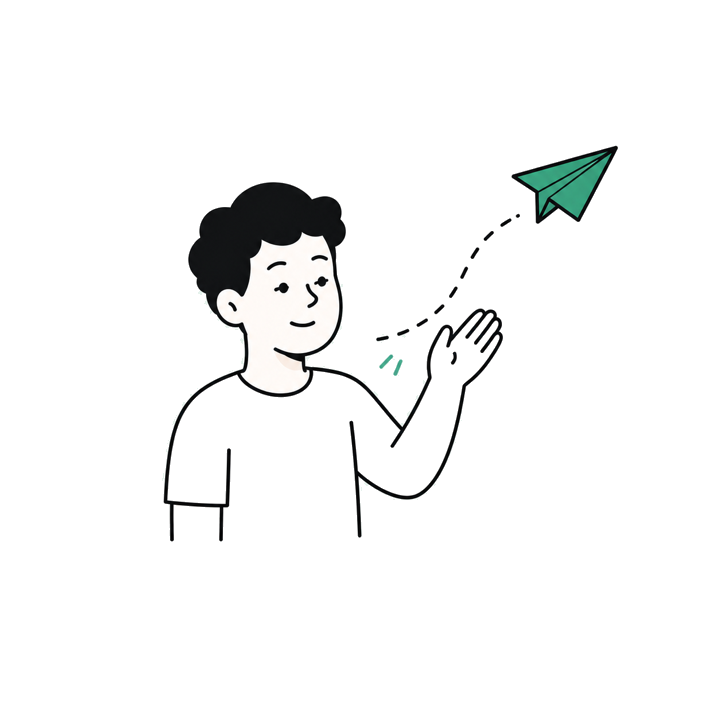 Illustration of a person letting a paper plane fly away